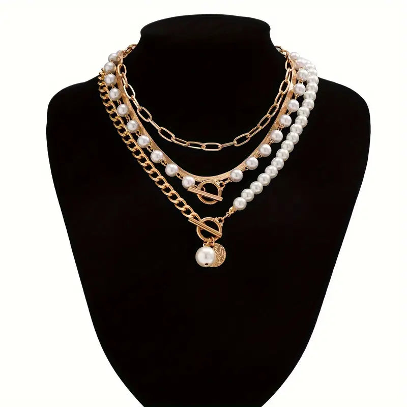 Collier Set en Chaîne de Perles Rétro et Or