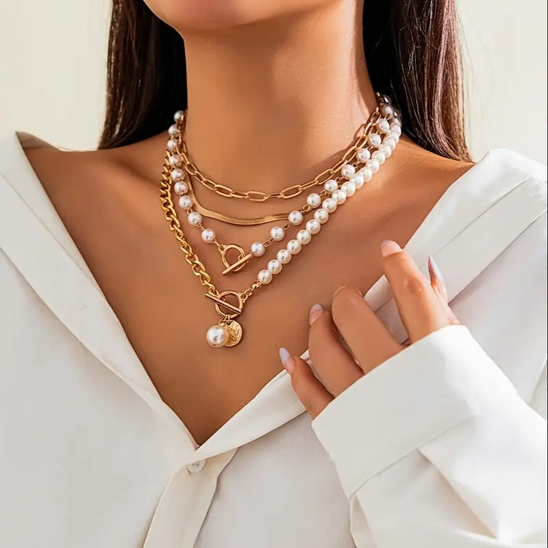 Collier Set en Chaîne de Perles Rétro et Or