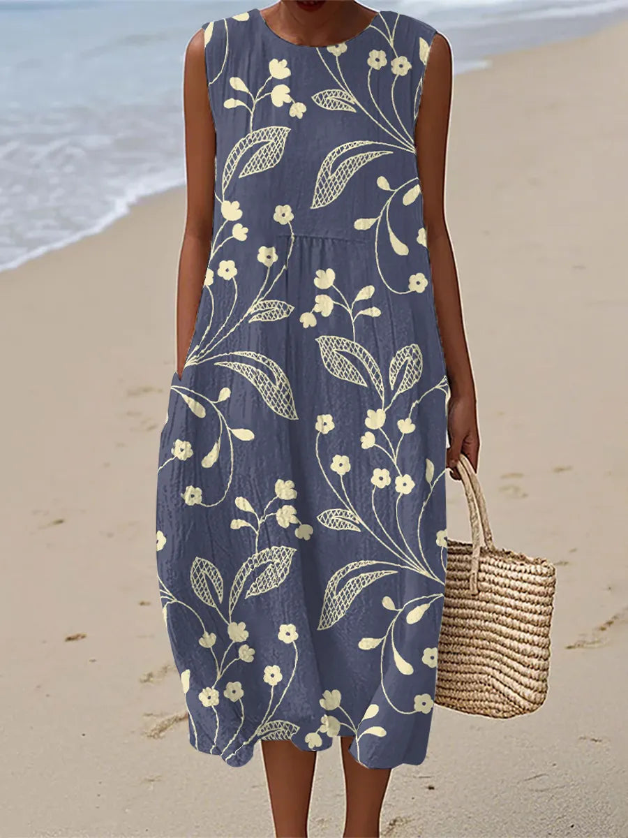 Stella | Robe Midi Sans Manches à Fleurs Vintage