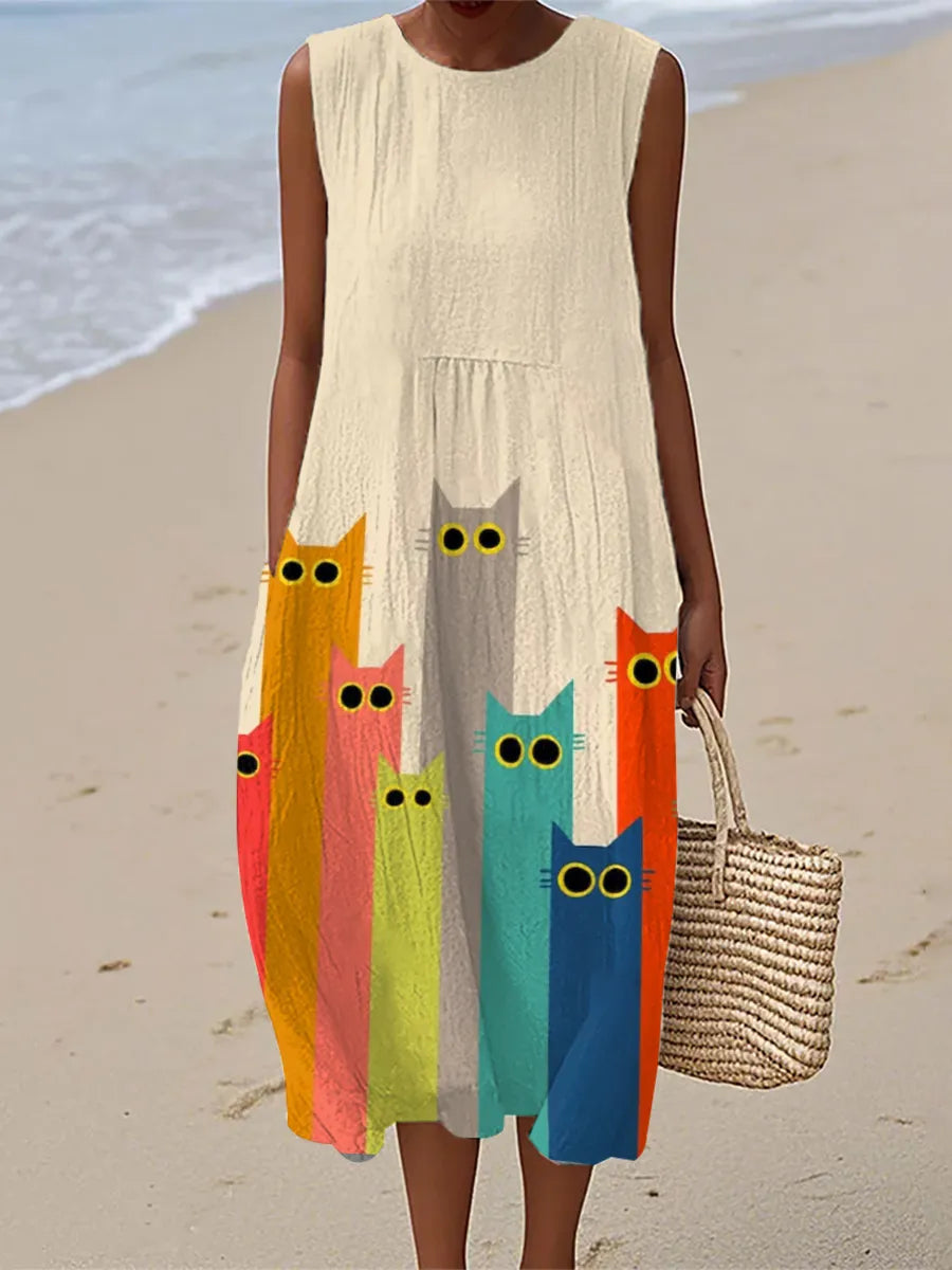Penelope | Robe Midi Imprimée Chat Coloré