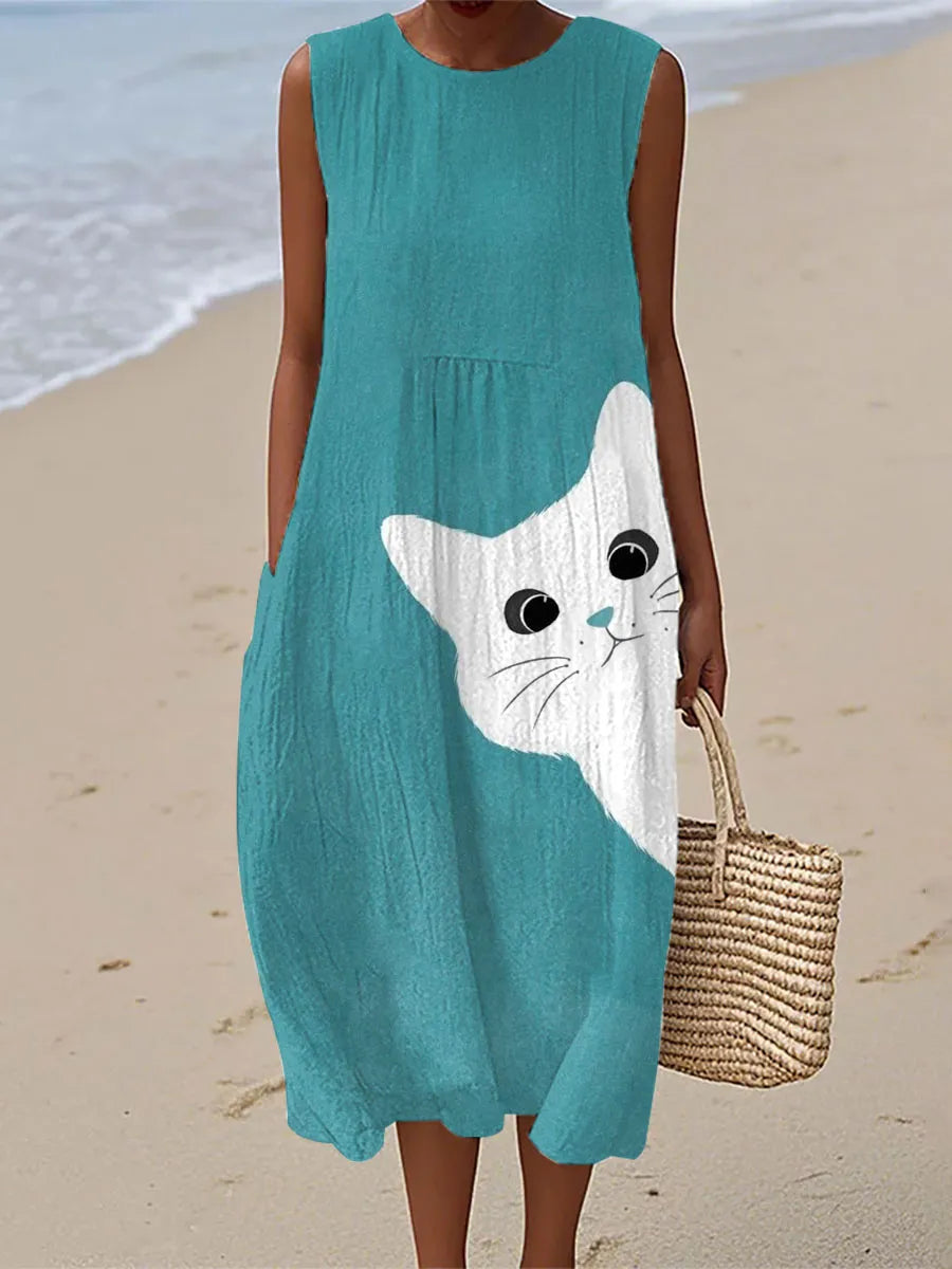 Anna | Robe Midi Imprimée Chat Mignonne