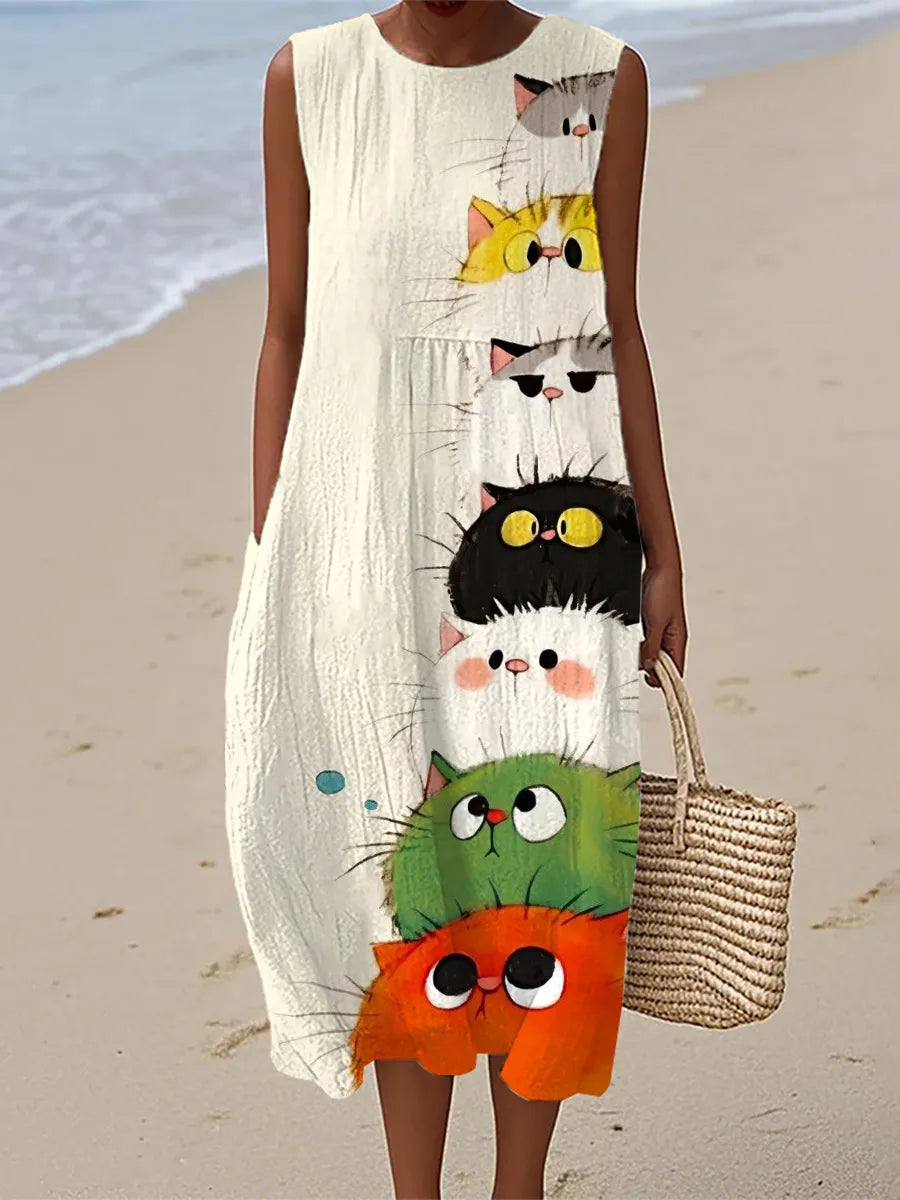 Zoe | Robe Midi Imprimée Chat Mignon