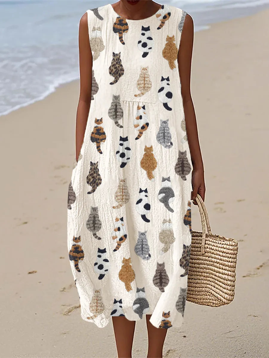 Allison | Robe Midi Imprimée Chat Mignonne