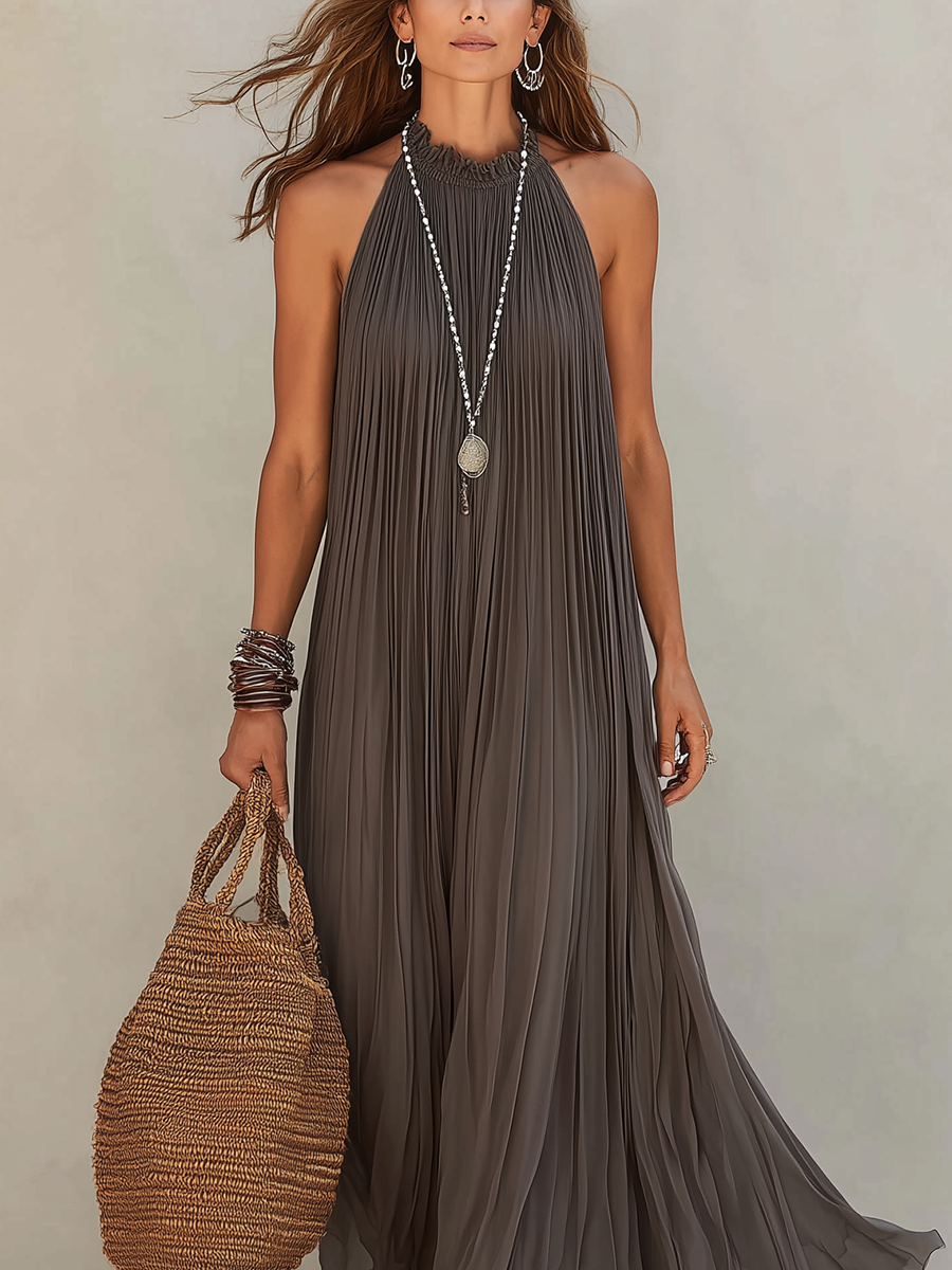 LIRA | Robe Maxi Halter Plissée Grise