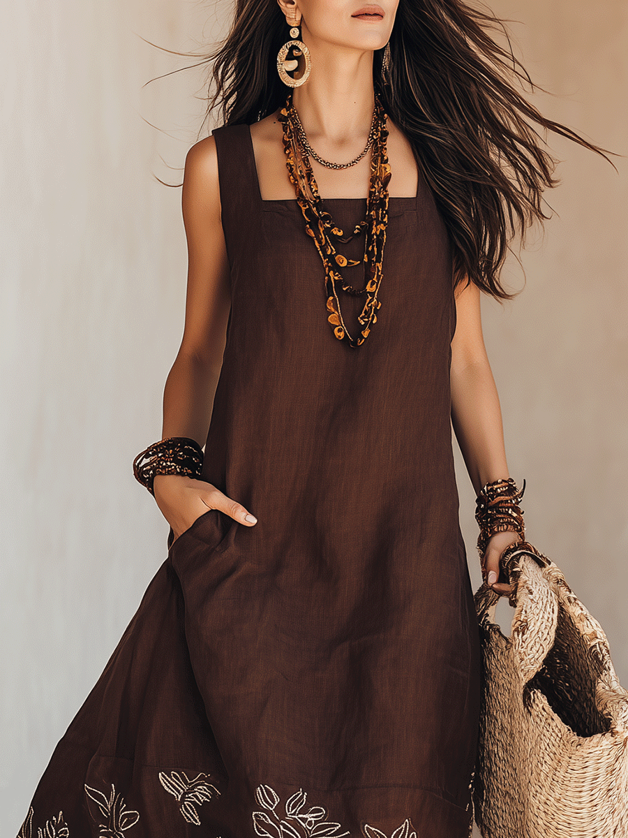 NOEMI | Robe Midi en Lin Boho Brodée