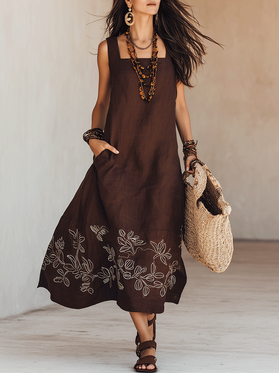 NOEMI | Robe Midi en Lin Boho Brodée