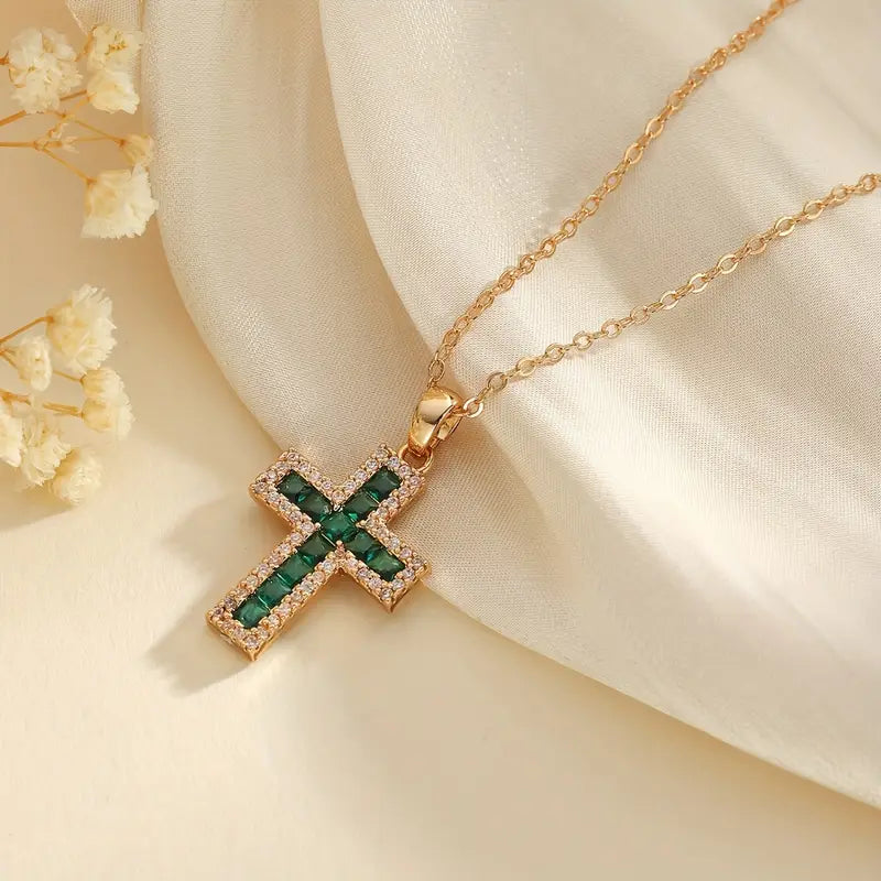 Pendentif Croix Émeraude Verte en Or