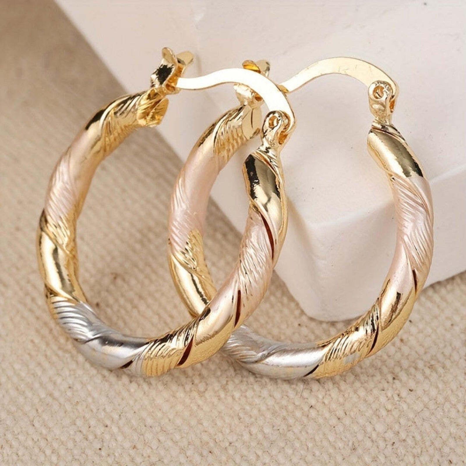 Boucles d'Oreilles Vintage en Aro Rond en Or, Argent et Rose