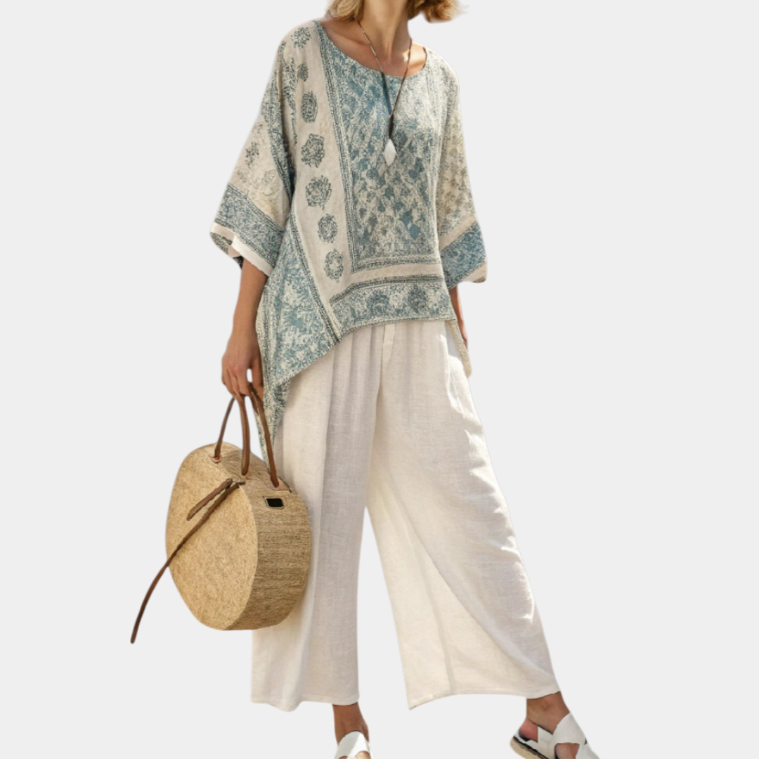 Annalisa | Blouse imprimée confortable et pantalons blancs à jambes larges