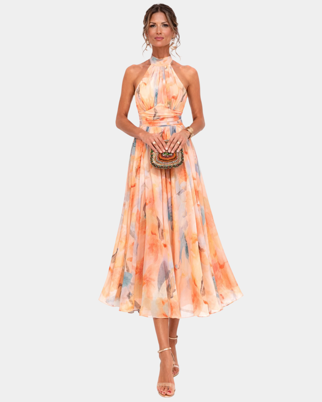 Louna | Robe à Col Halter et Imprimé Aquarelle