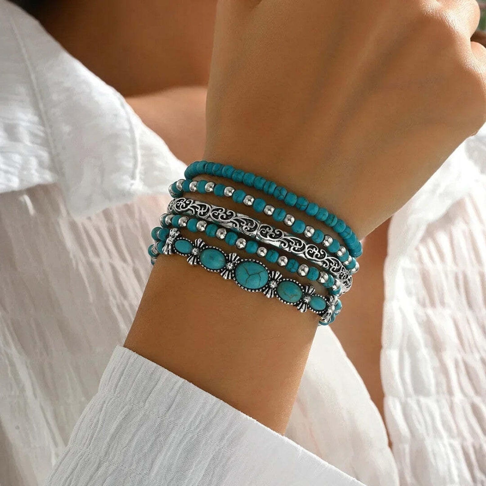 Ensemble de Bracelets Bohèmes en Perles Turquoise