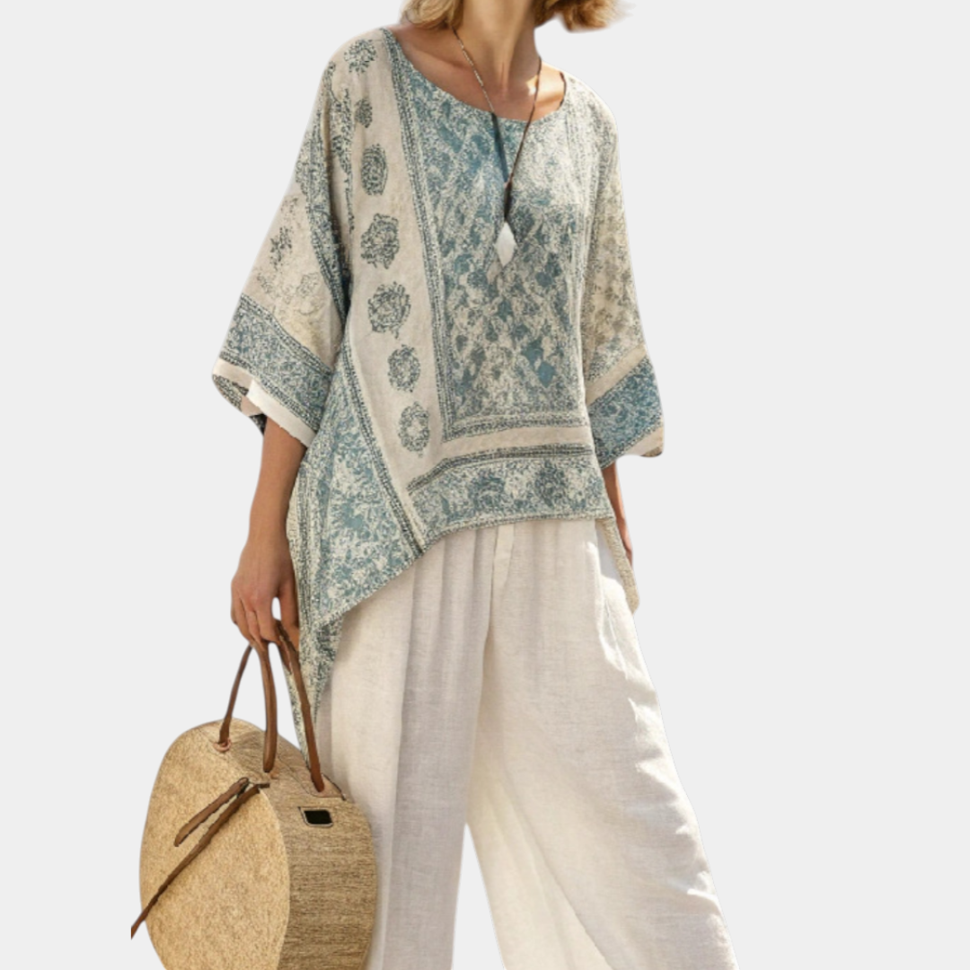 Annalisa | Blouse imprimée confortable et pantalons blancs à jambes larges