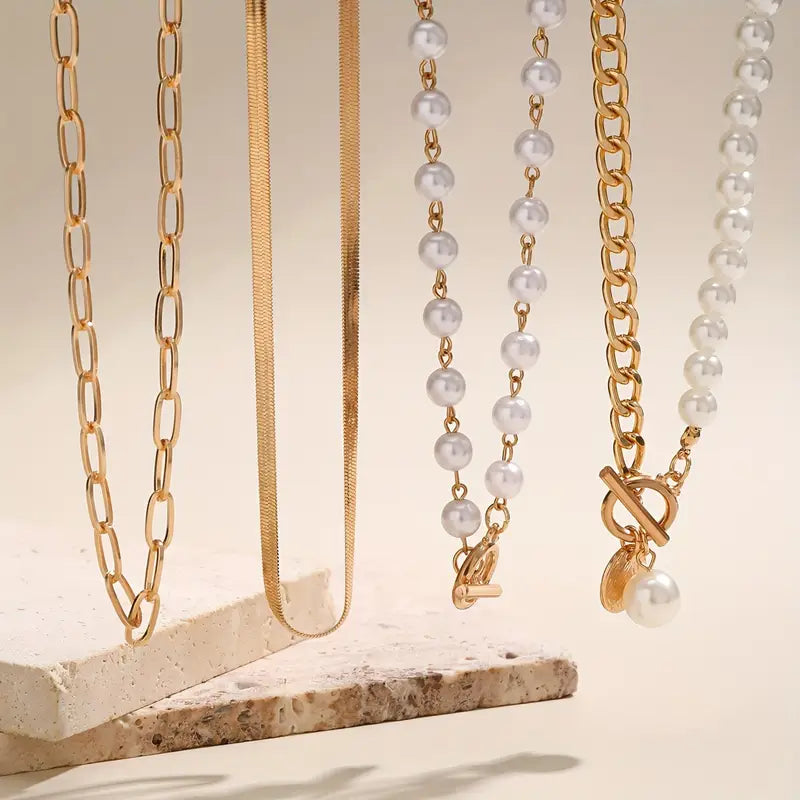 Collier Set en Chaîne de Perles Rétro et Or