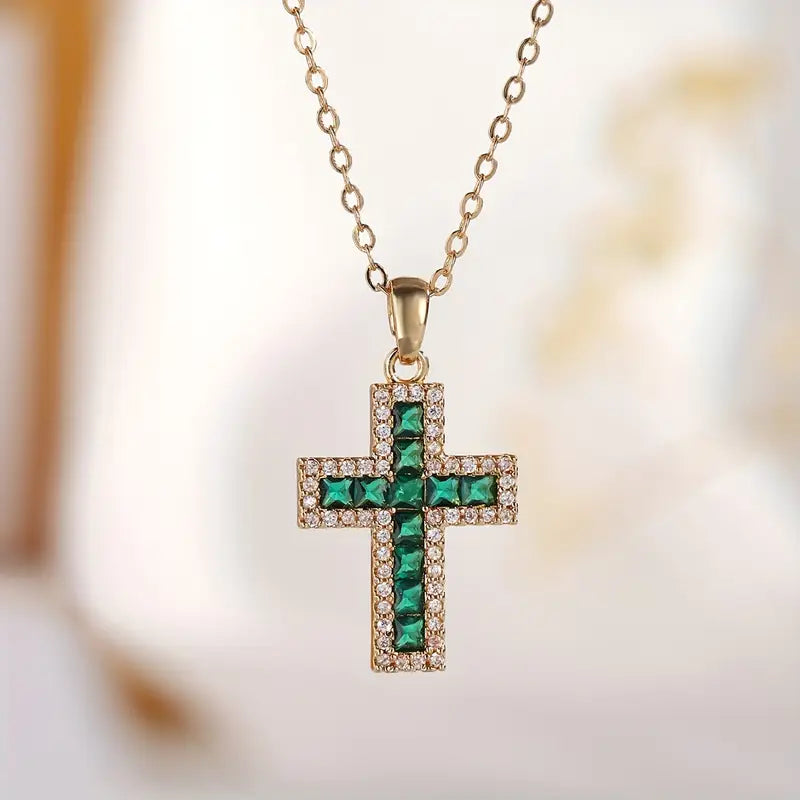 Pendentif Croix Émeraude Verte en Or