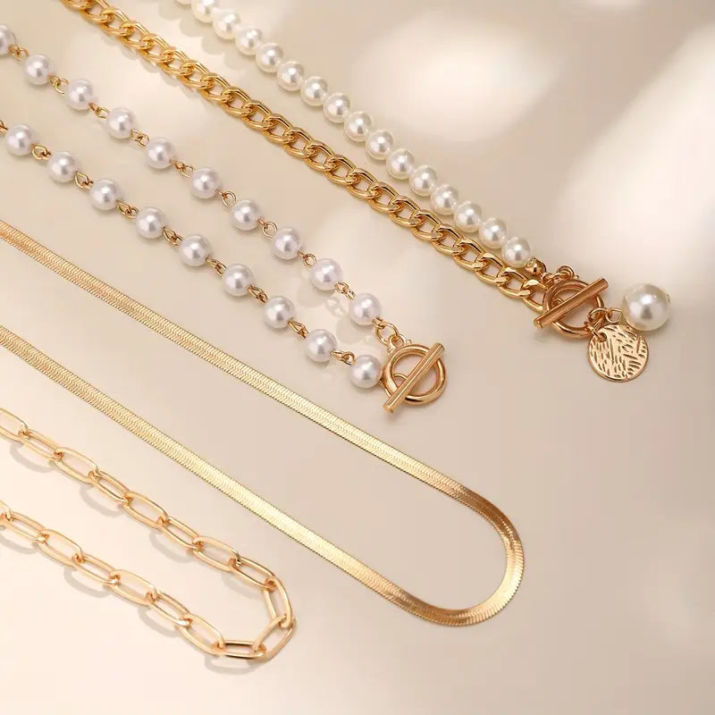 Collier Set en Chaîne de Perles Rétro et Or