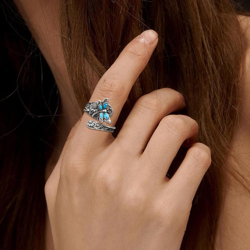 Bague Ajustable en Argent avec Turquoise et Libellule