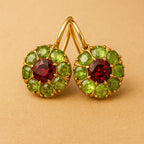 Boucles d'Oreilles Rétro Rondes en Cristal Vert et Rouge