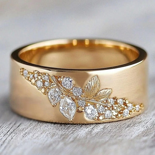 Bague en Feuille avec Incrustation de Zirconia Doré Exquis
