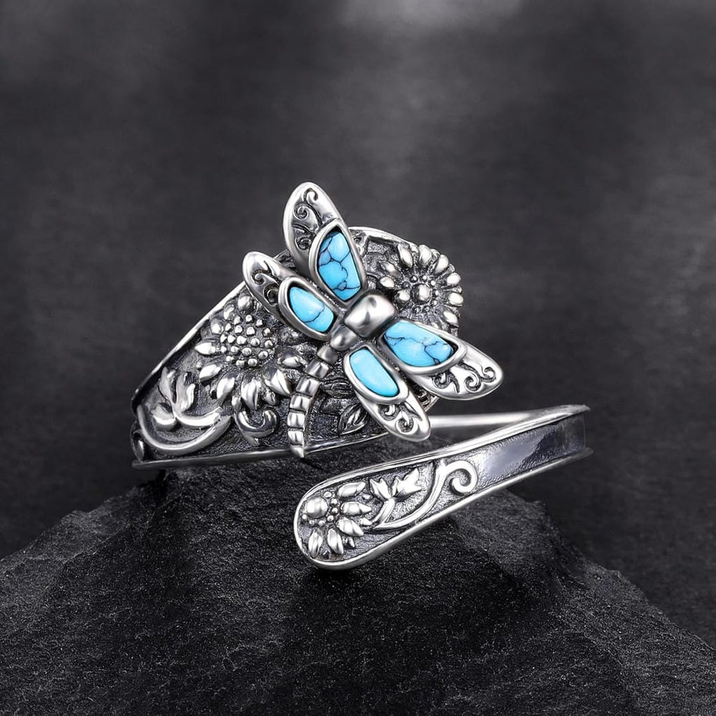 Bague Ajustable en Argent avec Turquoise et Libellule