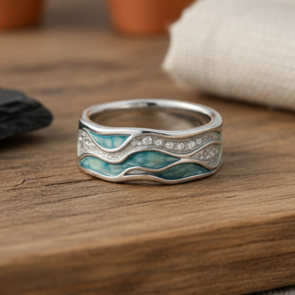 Bague de Vagues en Argent Turquoise Élégante