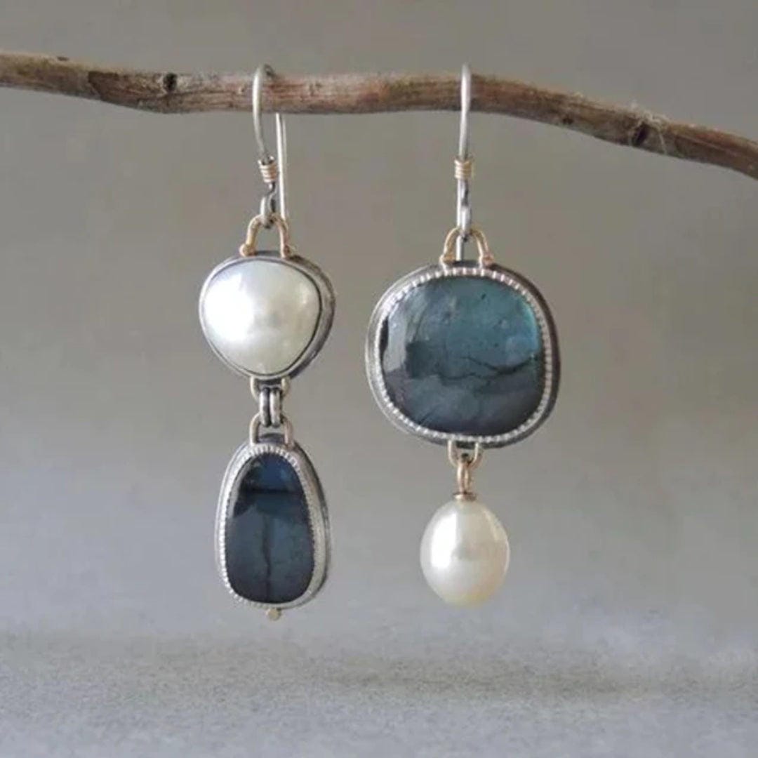 Boucles d'Oreilles en Perles avec Pierre Bleue Vintage