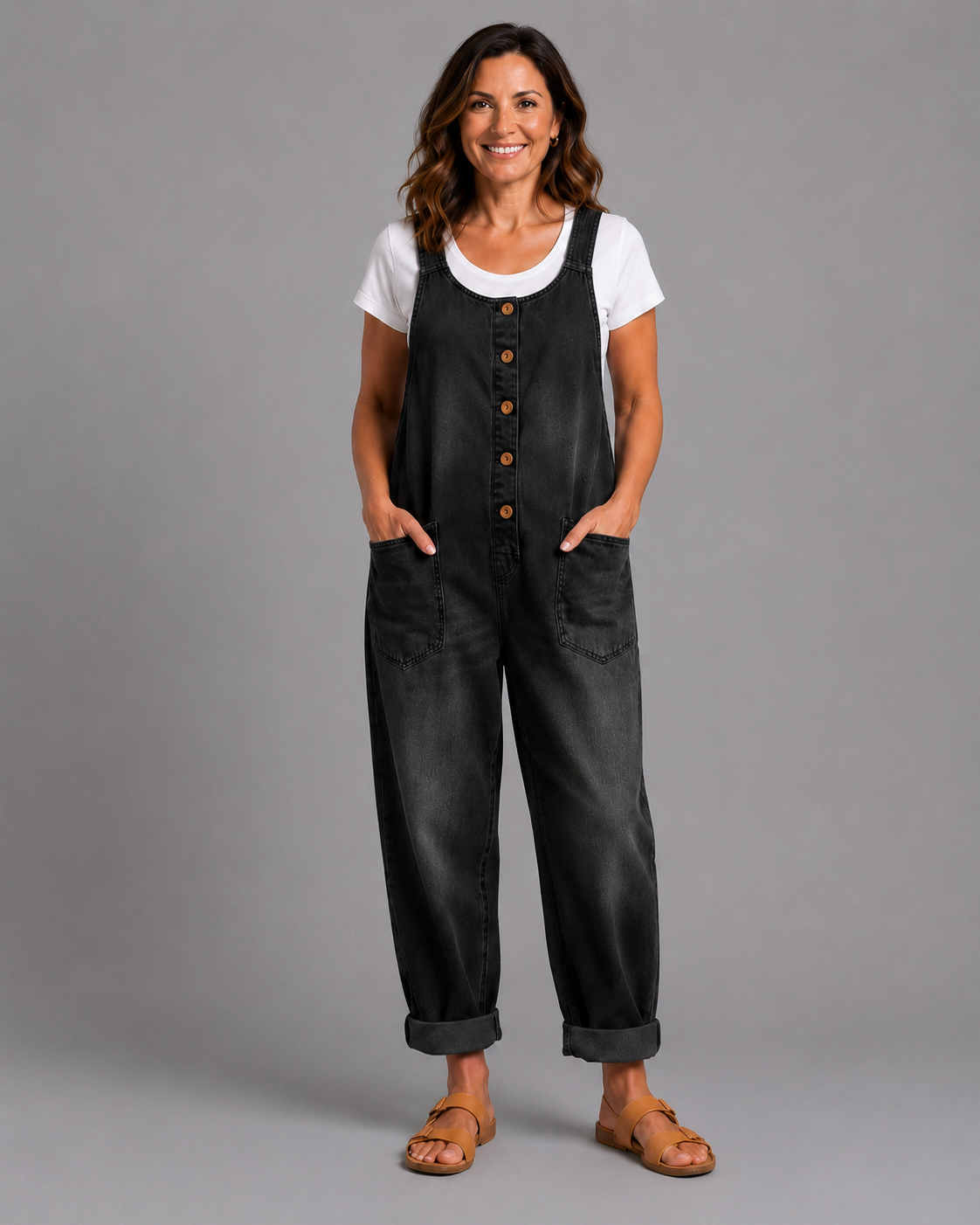 Sara - Salopette en denim de coton avec lavage vintage