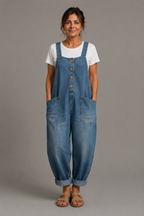 Sara - Salopette en denim de coton avec lavage vintage