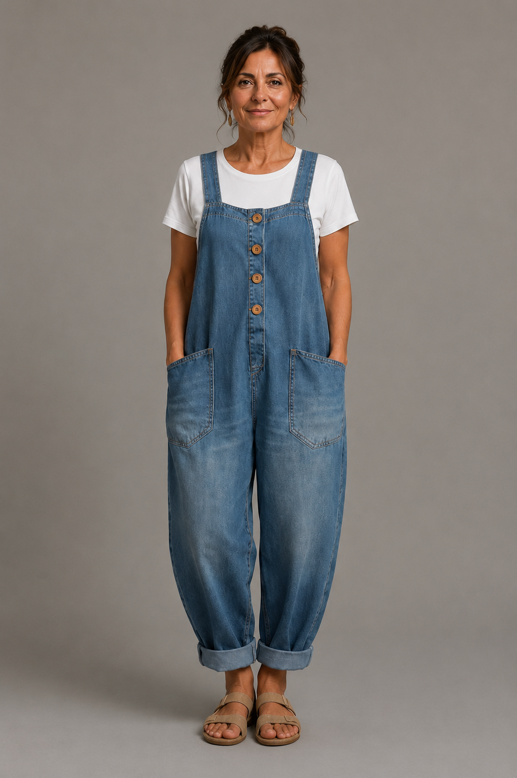 Sara - Salopette en denim de coton avec lavage vintage