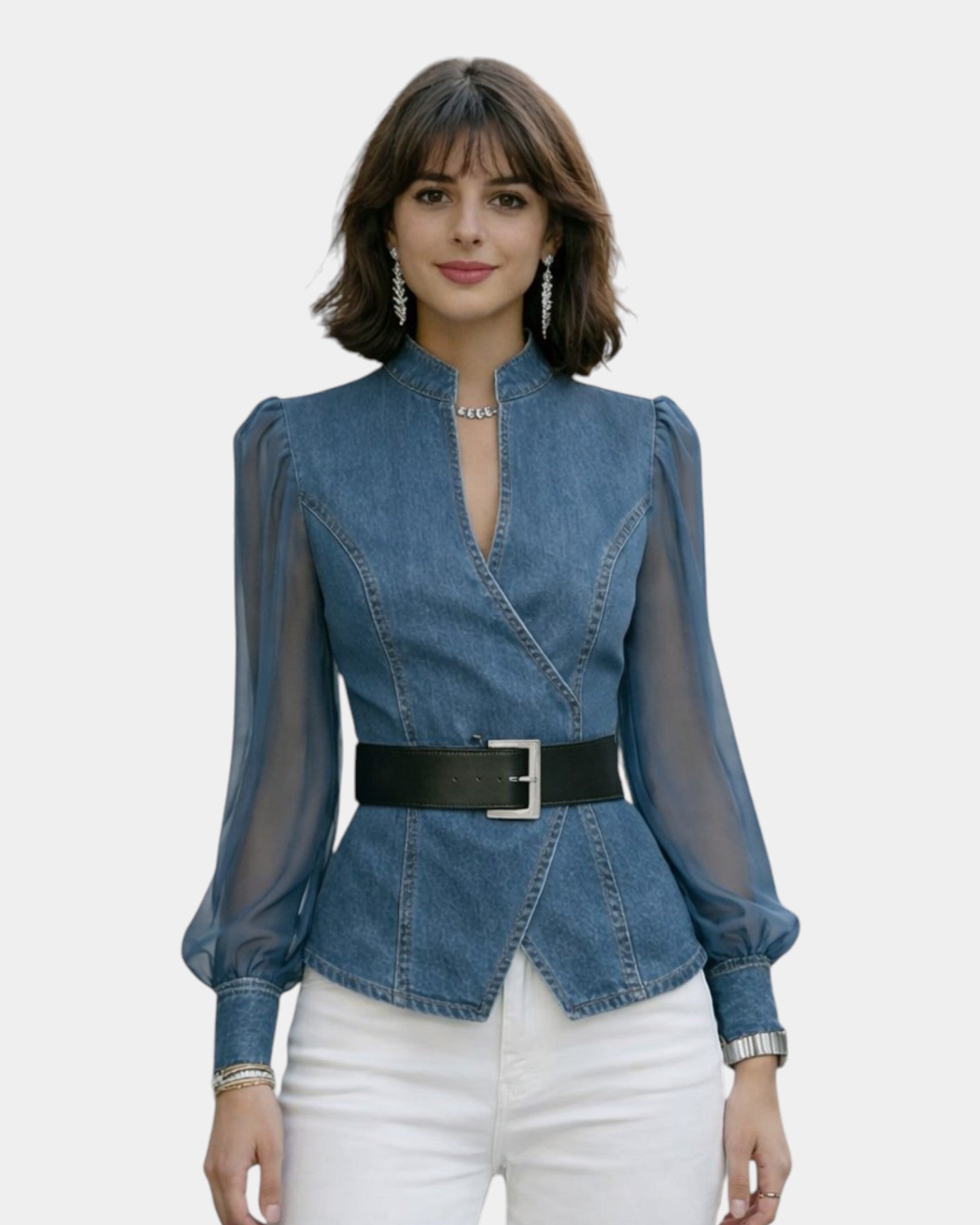 Alizée | Haut en denim avec des manches en chiffon léger