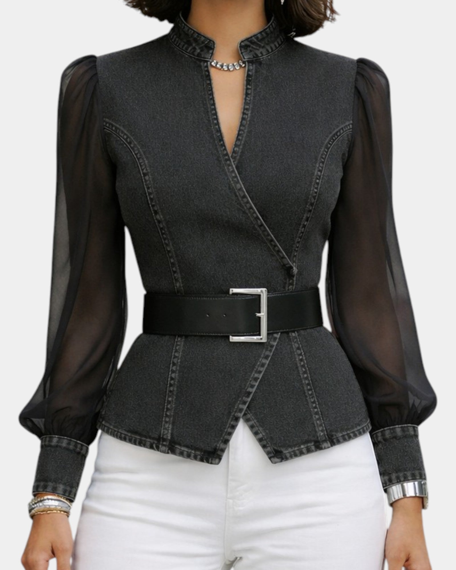 Alizée | Haut en denim avec des manches en chiffon léger