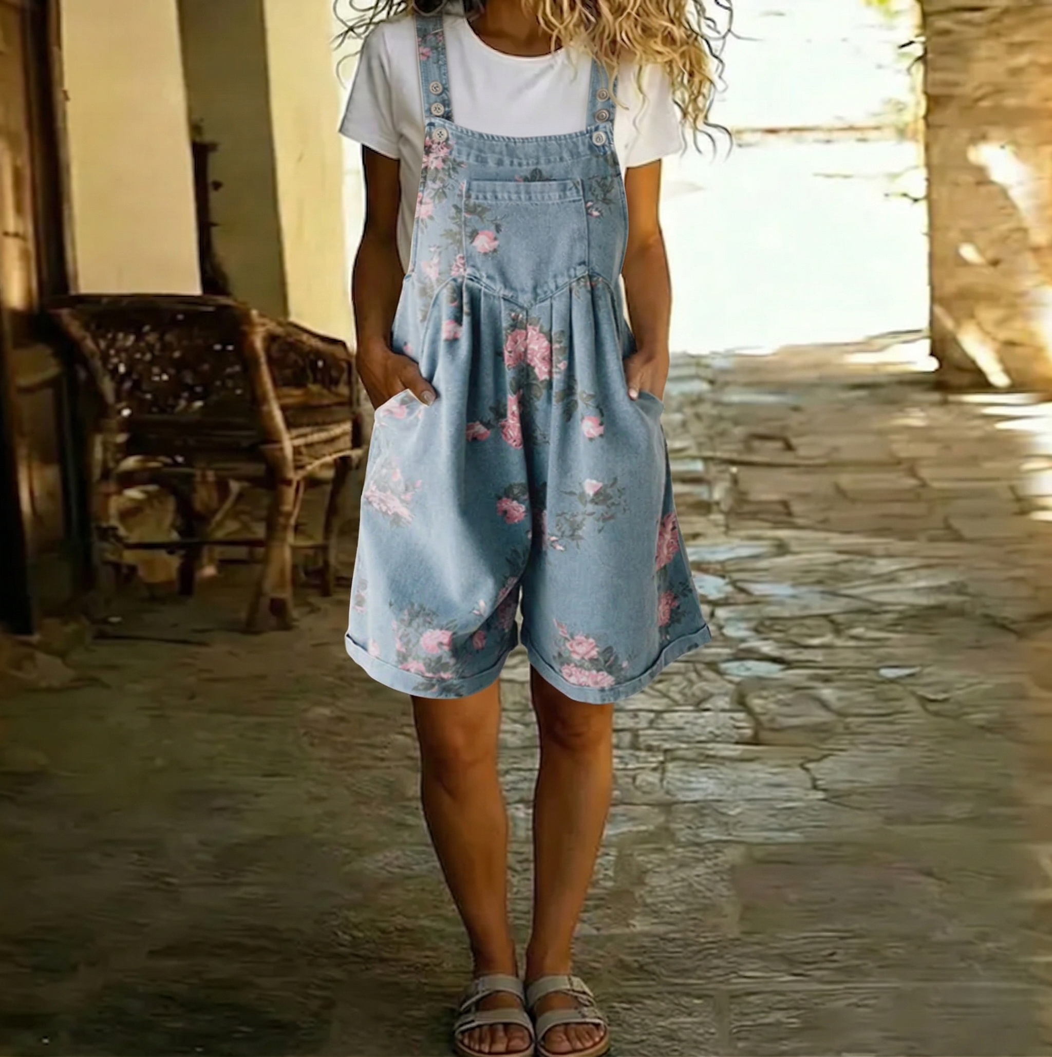 Adriana - Combinaison en denim floral avec toucher doux en coton et lavage vintage