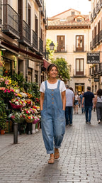 Sara - Salopette en denim de coton avec lavage vintage