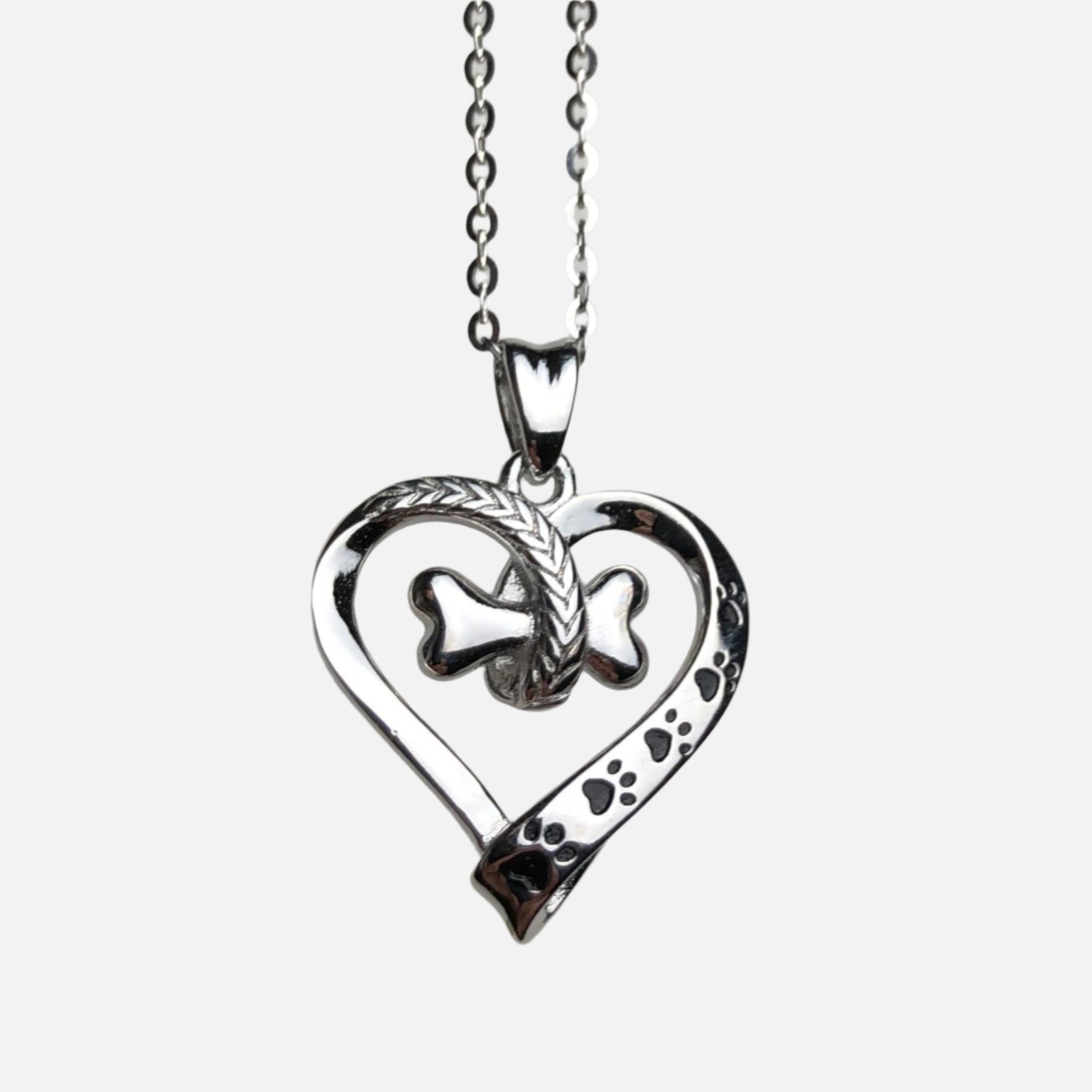 Collier en acier inoxydable avec empreinte de patte de chien et cœur