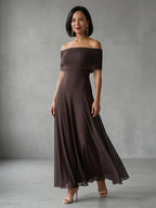 Cosma | Robe Midi à Encolure Drapée Hors Épaules