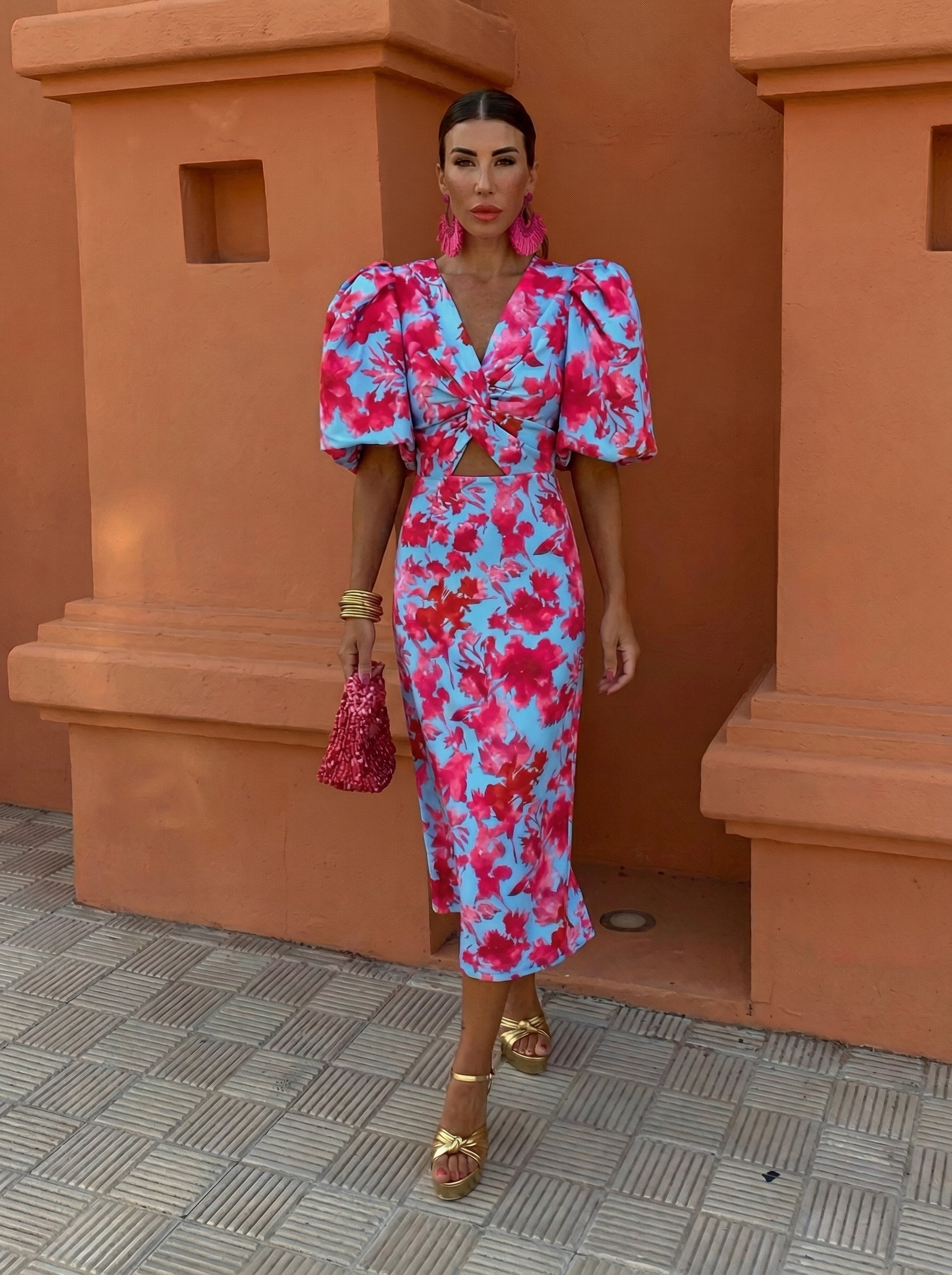 Carla | Robe Midi Imprimée avec Manches Bouffantes