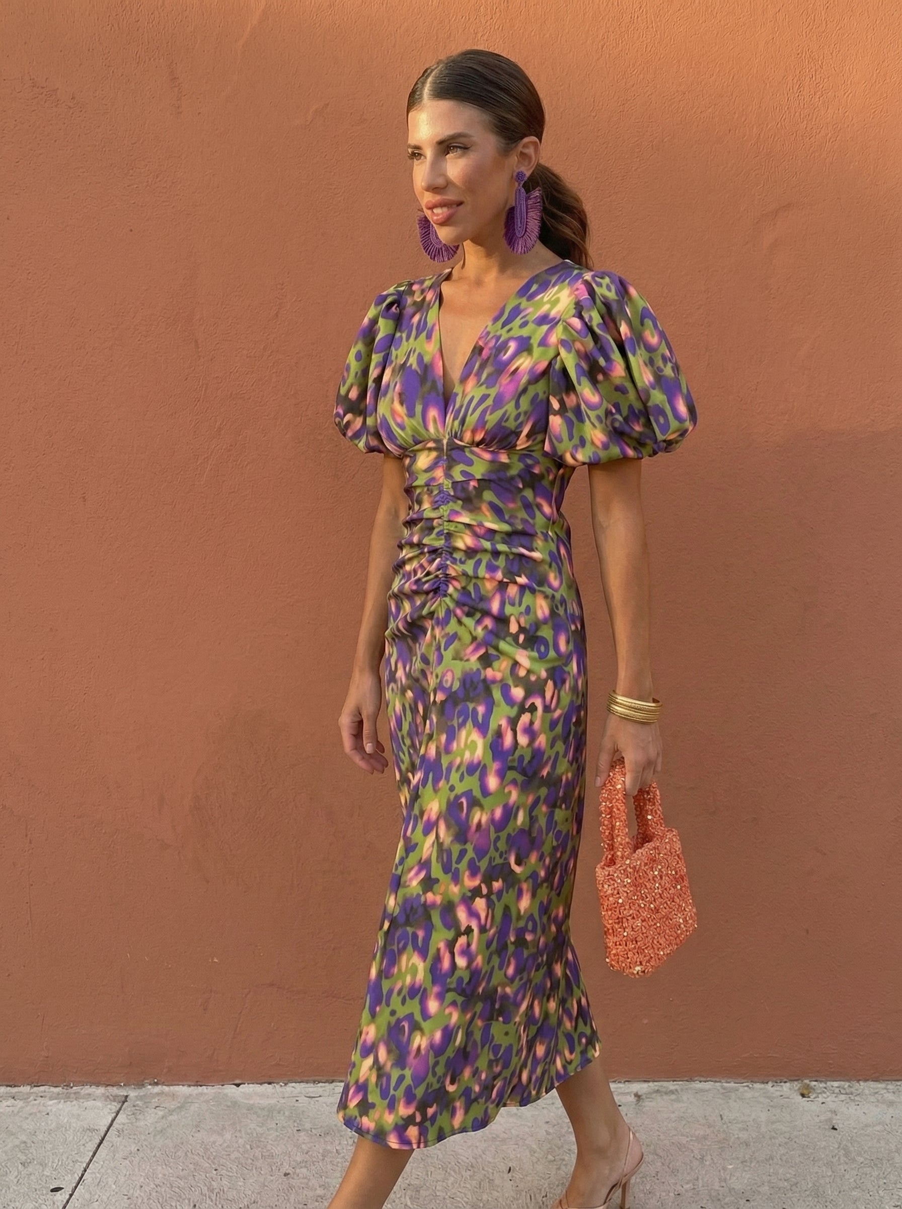 Carla | Robe Midi Imprimée avec Manches Bouffantes