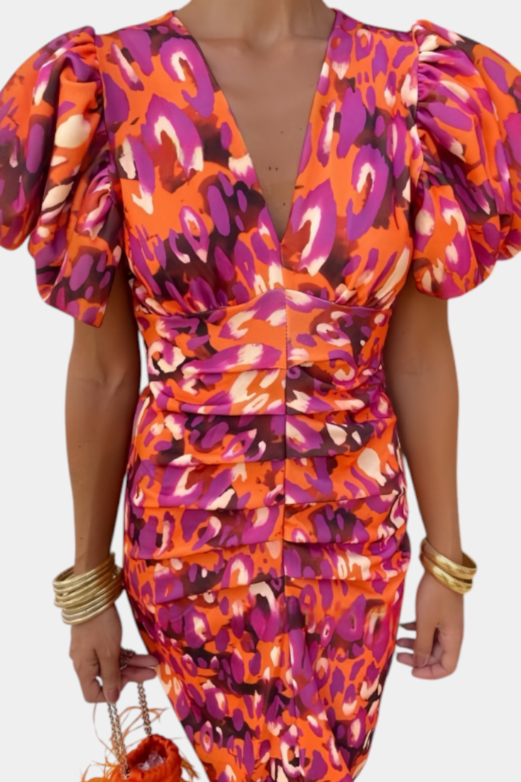 Carla | Robe Midi Imprimée avec Manches Bouffantes