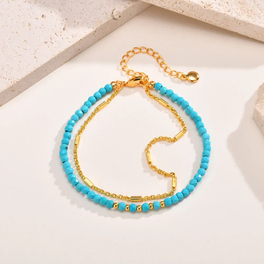 Bracelet en Turquoise avec Double Chaîne en Or Intemporelle