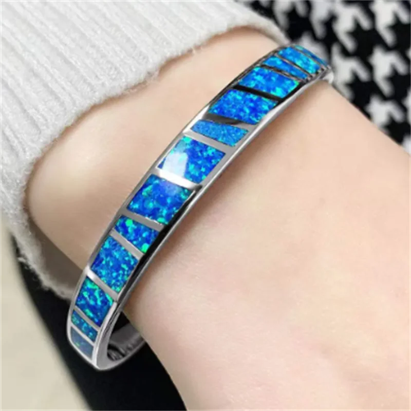 Bracelet Ajustable Opale Bleu Feu en Argent