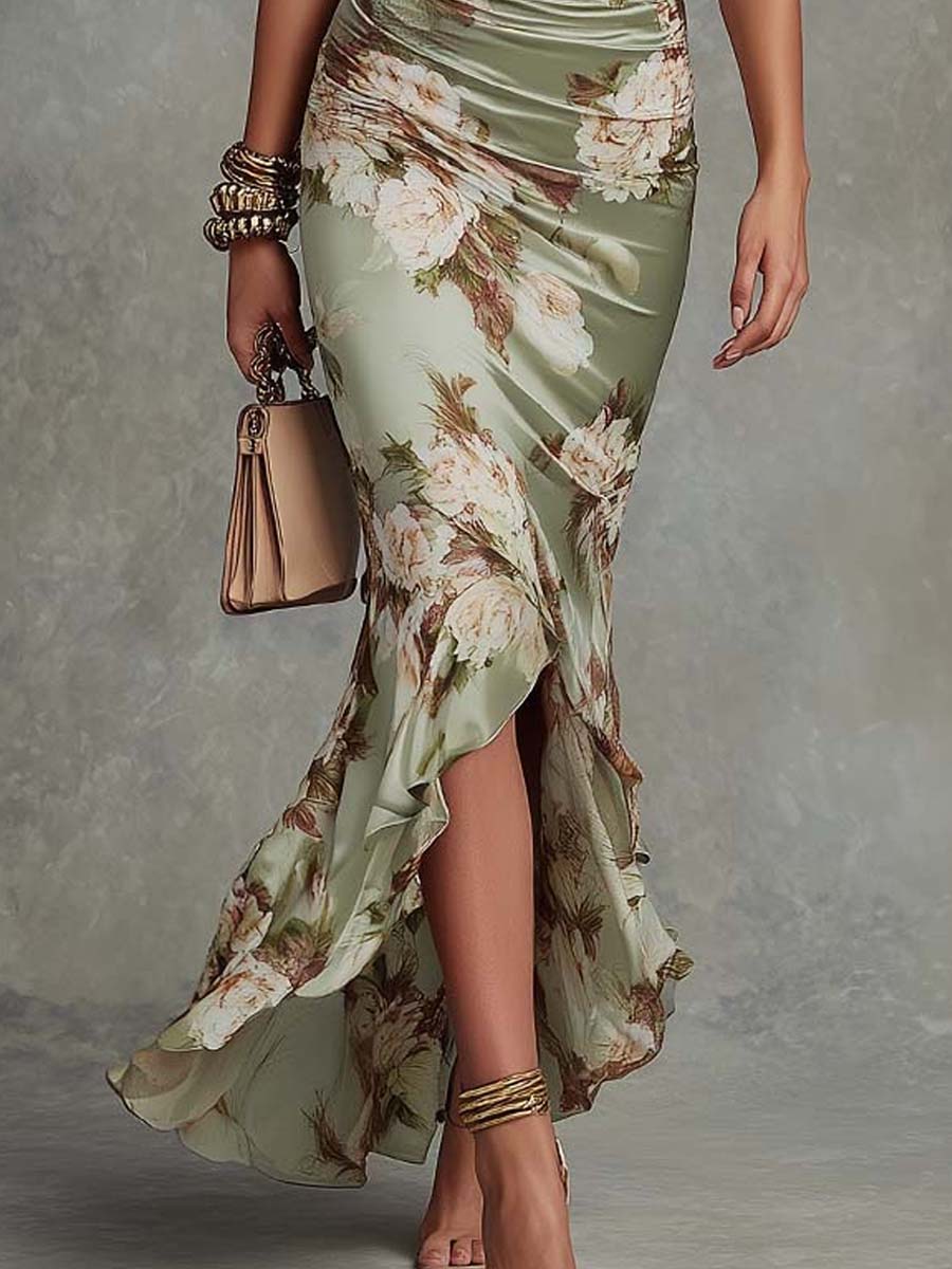 Anastasia | Robe Longue en Satin avec Imprimé Floral