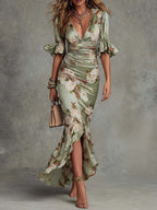 Anastasia | Robe Longue en Satin avec Imprimé Floral