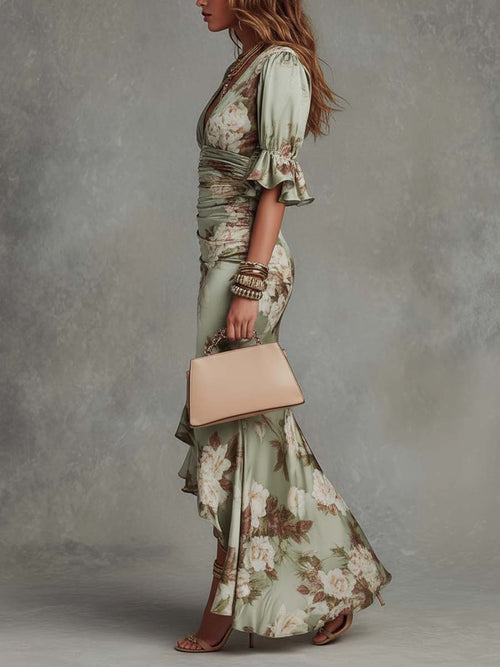 Anastasia | Robe Longue en Satin avec Imprimé Floral