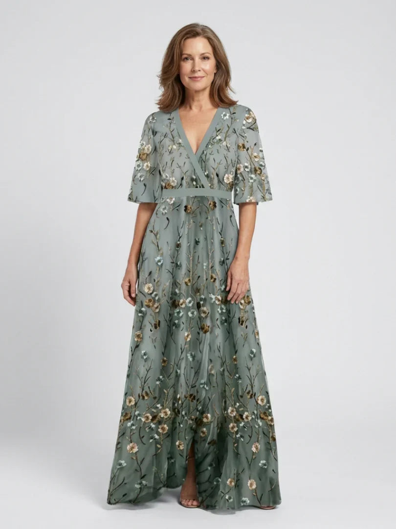 Anne | Robe Maxi à Manches Courtes et Décolleté en V Floral
