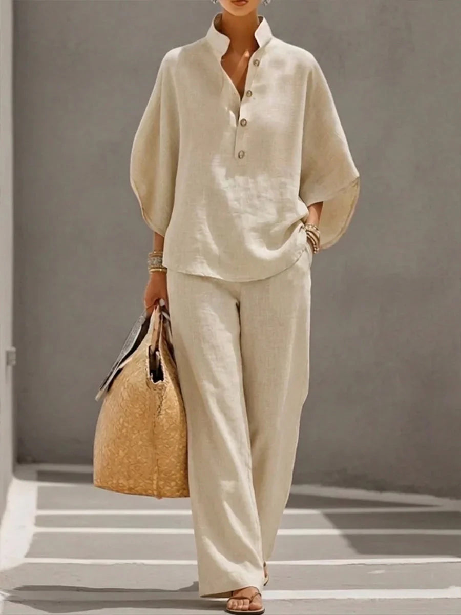 Mariel | Ensemble complet en lin avec manches chauve-souris et pantalons larges
