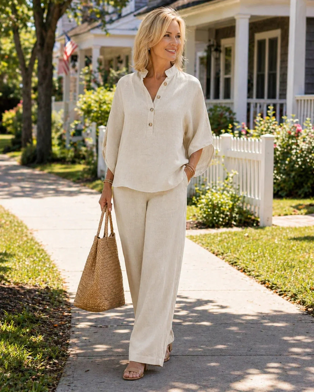 Mariel | Ensemble complet en lin avec manches chauve-souris et pantalons larges