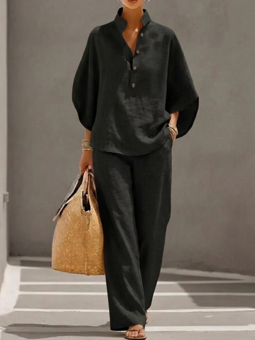 Mariel | Ensemble complet en lin avec manches chauve-souris et pantalons larges