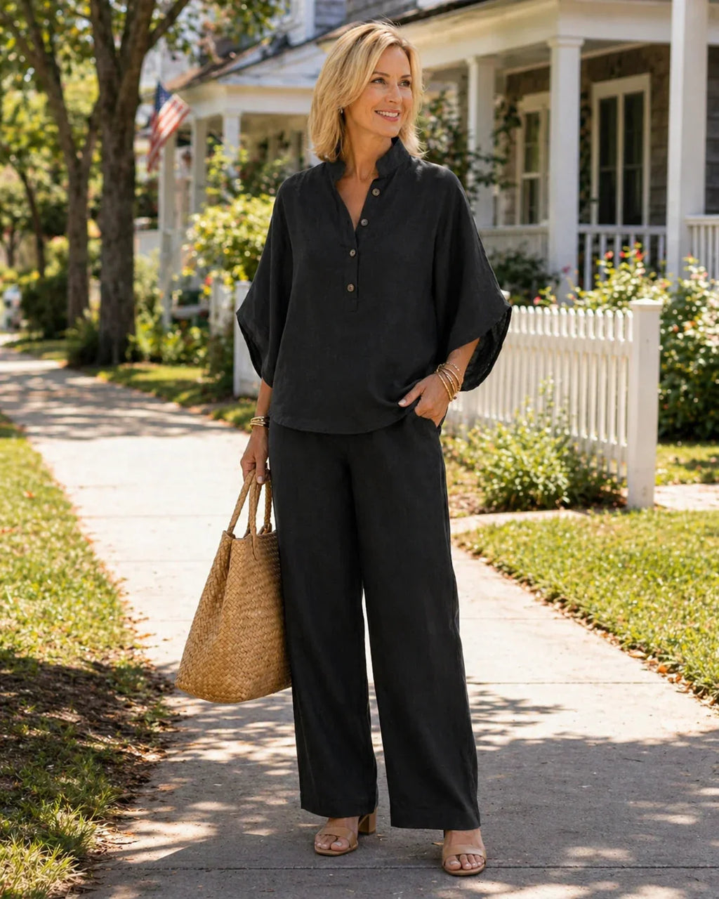 Mariel | Ensemble complet en lin avec manches chauve-souris et pantalons larges