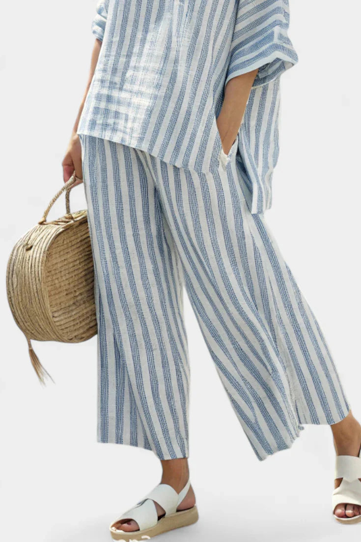 Rensleigh | Haut en lin à rayures bleues sophistiqué & Pantalons décontractés