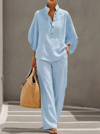 Mariel | Ensemble complet en lin avec manches chauve-souris et pantalons larges