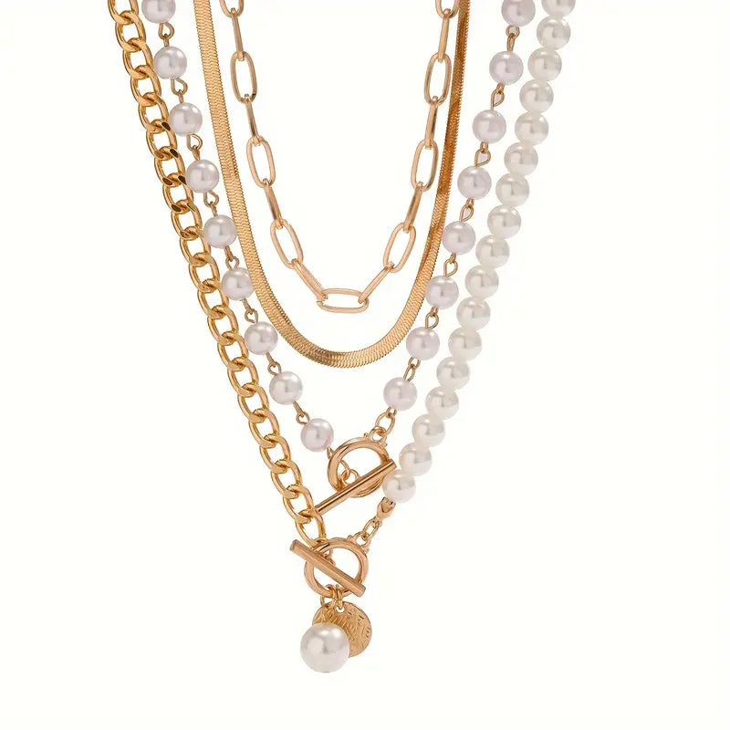 Collier Set en Chaîne de Perles Rétro et Or